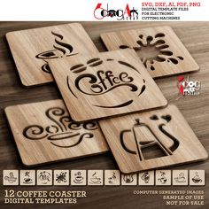 four coasters with coffee designs on them