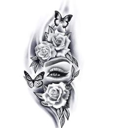 a tattoo design with roses and butterflies on it