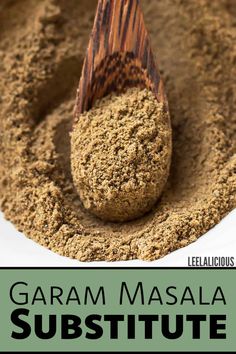 a wooden spoon filled with grass masala and text overlay that reads, garam masala substite