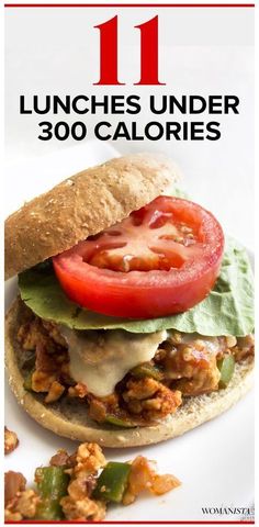 a sandwich with lettuce, tomato and other toppings on it that says 11 lunches under 300 calories