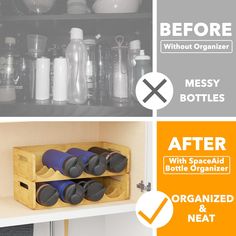 an organized pantry with bottles and containers on the shelf before and after being cleaned up