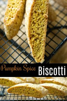 pumpkin spice biscotti bread on a cooling rack with text overlay that reads, pumpkin spice biscotti