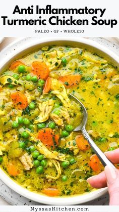 This anti inflammatory turmeric chicken soup is made in one pot with leeks, onions, carrots, celery, peas, chicken, chicken broth, coconut milk, and flavorful spices. It is packed with nutrients, and perfect for meal prep or family dinner. The best way to warm up with when you need some homemade nourishment! Whole30, paleo, gluten free, dairy free. Turmeric Chicken Soup, Paleo Chicken Soup, Chicken Coconut Soup, Turmeric Soup, Turmeric Chicken, Dairy Free Soup, Fat Burning Tea, Celery Soup, Keto Soup