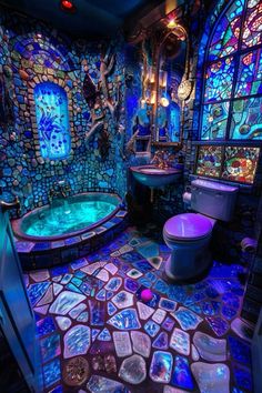 a bathroom with stained glass windows and stone flooring, along with a blue toilet