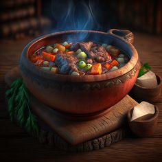 a wooden bowl filled with meat and vegetables