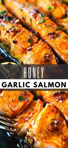 honey garlic salmon on a grill with the title overlay reading honey garlic salmon recipe