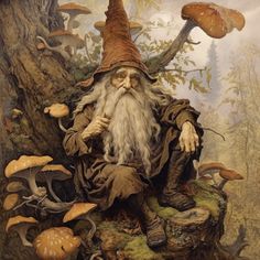 a painting of an old man sitting on a tree stump with mushrooms around him,