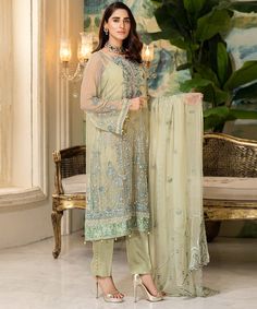 Pakistani Boutique, Pakistani Designer Clothes, Chiffon Sleeves, Chiffon Collection, Embroidered Chiffon, Embroidered Sleeves, Embroidered Dupatta, Chiffon Dupatta, Silk Trousers