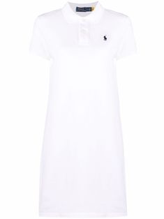 White cotton embroidered polo-pony dress from POLO RALPH LAUREN featuring signature Polo Pony motif, polo collar, front button placket and short sleeves.