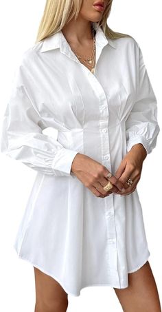 GORGLITTER Women's Button Up Long Sleeve Mini T Shirt Dress Lapel Collar Pleated Flared Short Dre... | Amazon (US) Short Dresses White, Mini T Shirt, Nice Black Dress, Bishop Sleeve Blouse, Tie Neck Shirt, Shirt Dress Pattern, Short Dress White, Shirt Dress Summer, Pretty Blouses