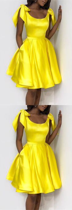 I love this dress except for the color. Red pls??? Yellow Satin Party Dress, Yellow A-line Mini Dress For Party, Fitted Yellow Dress With Bow, Homecoming Dresses Yellow, Homecoming Dresses Under 100, Satin Homecoming Dresses, Yellow Homecoming Dresses, Dresses With Bow, Yellow Prom