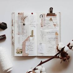 an open notebook with papers and cotton flowers