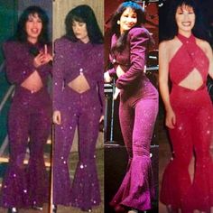 three pictures of women in purple outfits and one is wearing a red suit with cut outs