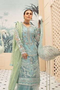 The new party and festive wear collection is geared up with embroidered Pakistani net eid dresses online. You can buy lavish fancy wear online to adorn your special event look in an elegant way. Shirt: This lavish attire is highlighting its grace with blue color embroidered panels for shirt. Net shirt is embellished with blue color hand embroidered work in beautiful patterns. Sleeves, Front and front back of shirt are embellished with net embroidered borders. Trouser: This Pakistani net eid dres Nameera By Farooq, Tilla Embroidery, Dresses Pakistani, Eid Dress, Pakistani Formal Dresses, Eid Outfit, Pakistani Wedding Dress, Chiffon Dresses, Desi Clothes