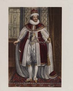 an old painting of a man in white and red clothing with a crown on his head