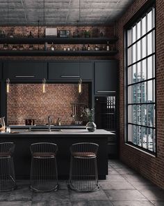 an industrial style kitchen with brick walls and flooring is pictured in this rendering image