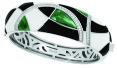 Interlacing lines of sparkling pave-set stones and sterling silver dance harmoniously in Tango, creating abstract shapes, colors, and patterns. Dynamic and rich inlaid stones glimmer passionately through the eyelets of hand-painted Italian enamel. Embrace the movement and romance of Tango. Emerald: Hand-painted black and white Italian enamel with white pave-set stones set into rhodium-plated, nickel allergy-free, 925 sterling silver. Champagne: Hand-painted Italian enamel with white pave-set sto Green Polished Evening Jewelry, Luxury Enamel Inlaid Jewelry, Green Polished Finish Evening Jewelry, Green Polished Jewelry For Evening, Polished Green Jewelry For Evening, Evening Multi-stone Sterling Silver Jewelry, Sterling Silver Multi-stone Evening Jewelry, Sterling Silver Multi-stone Jewelry For Evening, Elegant Enamel Jewelry For Party