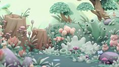 an animated landscape with trees, rocks and plants in pastel colors on a green background