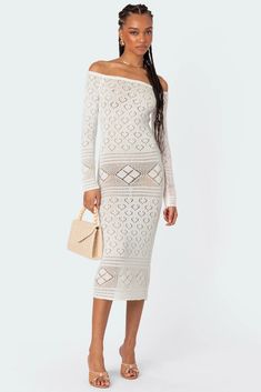 Lily Crochet Off Shoulder Midi Dress – edikted Midi Dress Off Shoulder, Off Shoulder Crochet, Off Shoulder Midi Dress, Crochet Midi Dress, Crochet Midi, Dress Off Shoulder, Crochet Fabric, Swimwear Dress, Open Knit Sweater