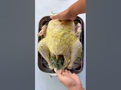 a person holding a whole chicken in their hand