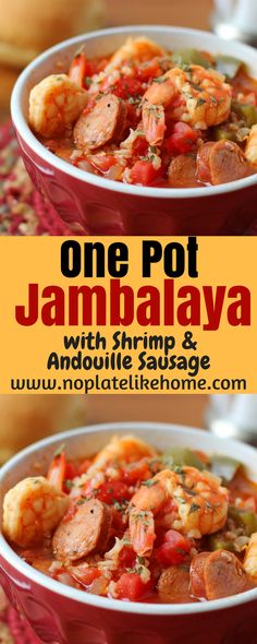 one pot jambajaya with shrimp and sausage in a red bowl on a table