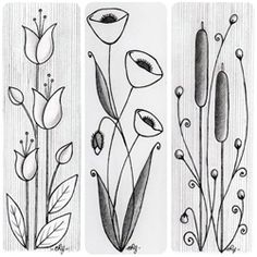 three different types of flowers are shown in black and white, each with long stems