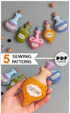 sewing patterns for miniature bottles and corks with text overlay that reads 5 sewing patterns