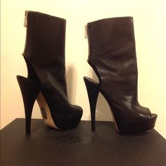 Sexy Peep Toe Booties, All Black With Zipper On Back. Platform Style, Very Comfortable To Walk In.. Like New Only Word A Few Times. Comes In Original Box. (Originally $575) Edgy Open Toe Party Boots, Open Toe Leather Party Boots, Designer Platform Party Boots, Leather Open Toe Party Boots, Designer Platform Boots For Party, Designer Party Platform Boots, Glamorous Open Toe Boots For Night Out, Elegant Open Heel Formal Boots, Leather Heels With Open Side Vamp For Party