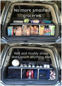 an open car trunk filled with food and drinks, labeled no more smashed groceries or groceries