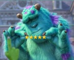 an animated character is holding his hands up to the camera and three stars are above him