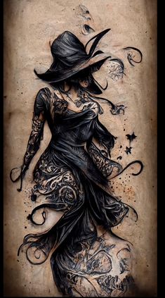 a drawing of a woman wearing a black dress and hat with tattoos on her body