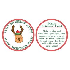 two stickers with reindeer heads on them and the words magic reindeer, reindeer food