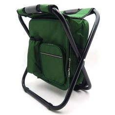 a green bag sitting on top of a black frame with handles and straps attached to it