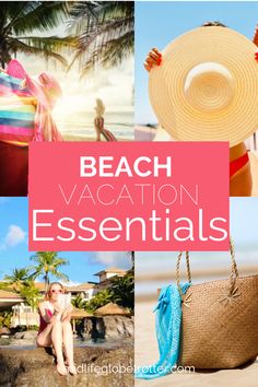 the words beach vacation essentials are shown above photos of women in bikinis and hats