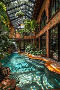 an indoor swimming pool surrounded by palm trees and other greenery in a house with glass roof