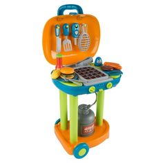 an orange and blue toy grill with utensils