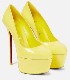 Christian Louboutin - Dolly Alta patent leather platform pumps | Mytheresa Bold Platform Heels In Patent Leather, Bold Patent Leather High Heels, Christian Louboutin Shoes Pumps, Christian Louboutin Pigalle Follies, Louboutin Online, Red Sole Shoes, Yellow Pumps, Christian Louboutin Kate, Black Patent Heels