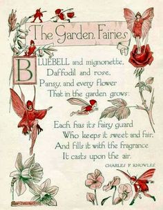 the garden fairies poem written in red and green ink