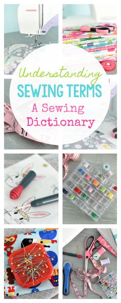 several different pictures with scissors and sewing supplies on them, including the words'sewing items '