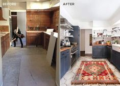 before and after photos of a kitchen remodel with wood cabinets, tile flooring, and an area rug