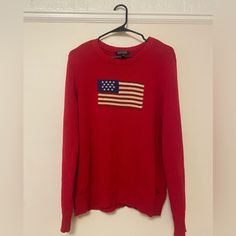 Knit American Flag Sweater Ralph Lauren Red Size Xl, Fits Like A M/L. Not Oversized Perfect Condition Flag Sweater, Sweater Ralph Lauren, American Flag Sweater, Vintage Flag, Ralph Lauren Vintage, Ralph Lauren Sweaters, Ralph Lauren Sweater, Iconic Women, Lauren Ralph Lauren