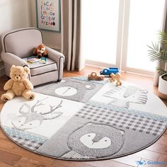 a child's room with a teddy bear, chair and rug