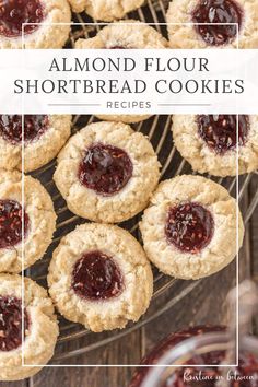 almond flour shortbread cookies with jam in the middle on a wire rack and text overlay reads, almond flour shortbread cookies