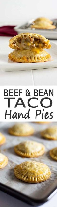 beef and bean taco hand pies on a baking sheet with text overlay