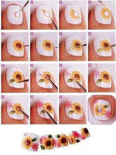 Step by step sunflower Pedicure Design, Diy Nail Art Tutorial, Sunflower Nail, Sunflower Nail Art, Sunflower Nails, Summer Toe Nails, Pedicure Designs, Trendy Nail Art