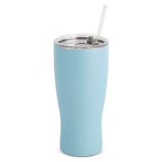 a light blue tumbler cup with a straw in it