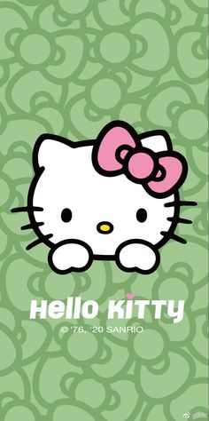 the hello kitty wallpaper is green and has pink bows on it's head