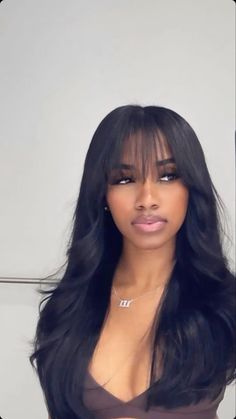 Layered Bangs Hairstyles Black Women, Graduation Weave Hairstyles, Sew In Black Women Hairstyles, Bangs With Sew In, Black Woman Bangs Hairstyle, Graduation Long Hairstyles, Wispy Bangs Wig Black Women, Sew In Hairstyles Sza, Birthday Black Woman Outfit