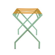 an ironing board with yellow and green strips on the top, against a white background