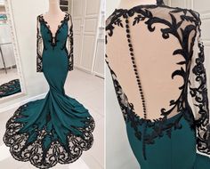 the back of a dress with black lace on it, and in front of a mirror